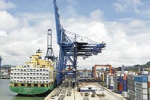 A ship unloads cargo at the port of Colon at the Carribean entrance of the Panama Canal