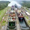 Container ships pass through the Gatun Locks of the Panama Canal