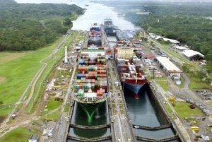 Container ships pass through the Gatun Locks of the Panama Canal